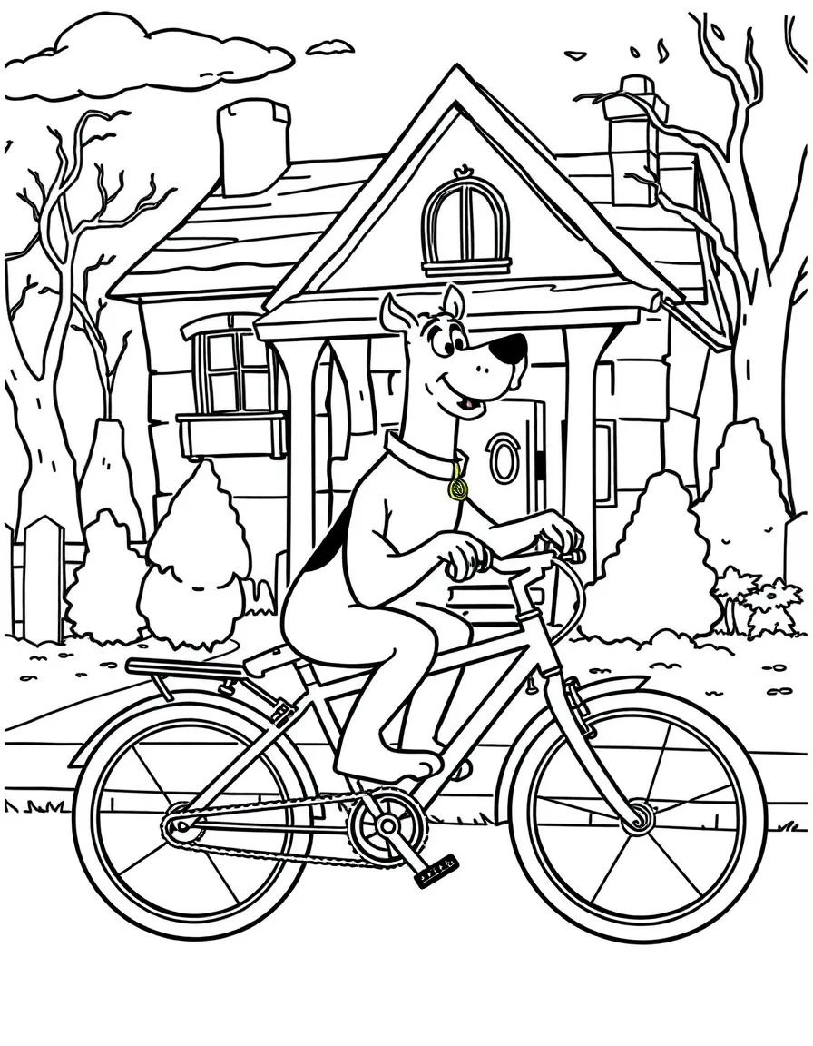 Scooby-Doo riding a bicycle, in front of their famous house or scene.