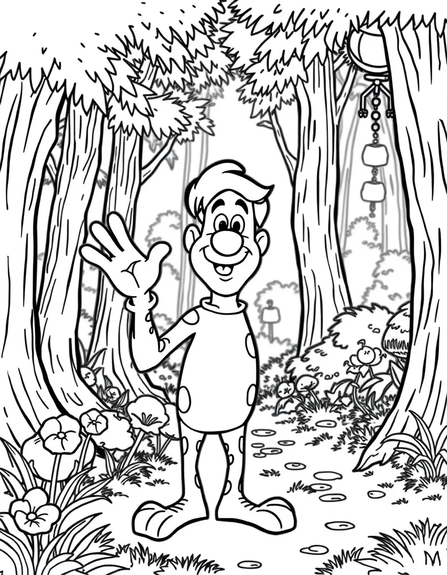 Shaggy Rogers waving hello, in a magical forest setting.