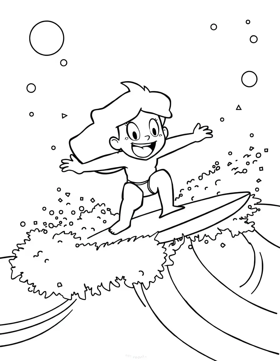 Steven Universe surfing on waves, with big bold outlines for easy coloring.