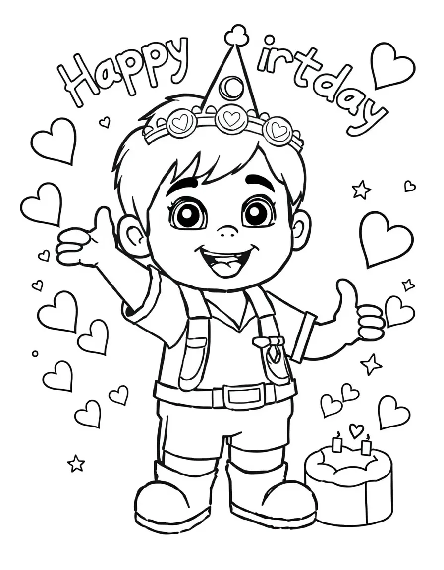 Diego celebrating a birthday, with hearts and sparkles around.
