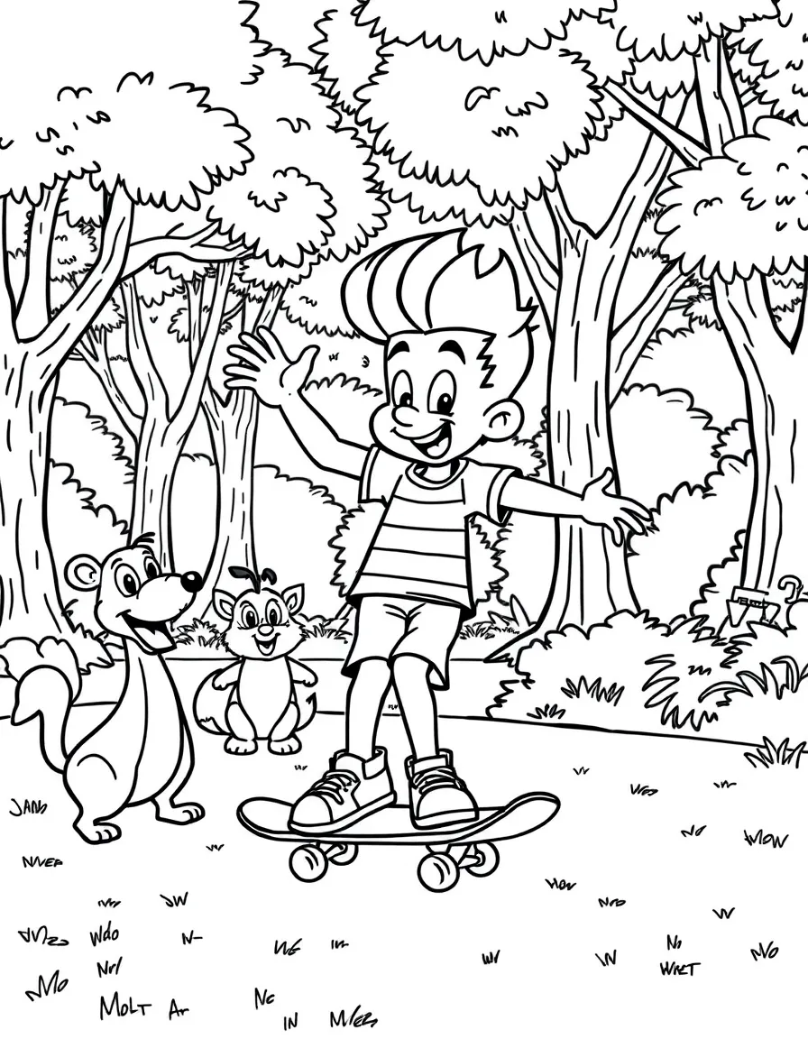 Jimmy Neutron skateboarding in the park, surrounded by friendly animals.