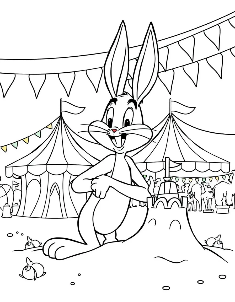 Bugs Bunny building a sandcastle, at a carnival with colorful decorations.