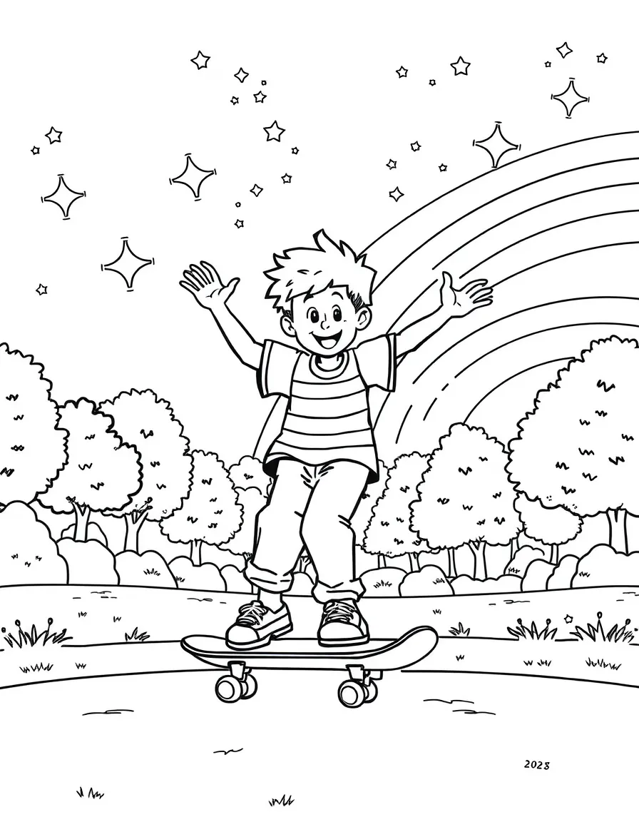 Fred skateboarding in the park, with stars and rainbows in the background.