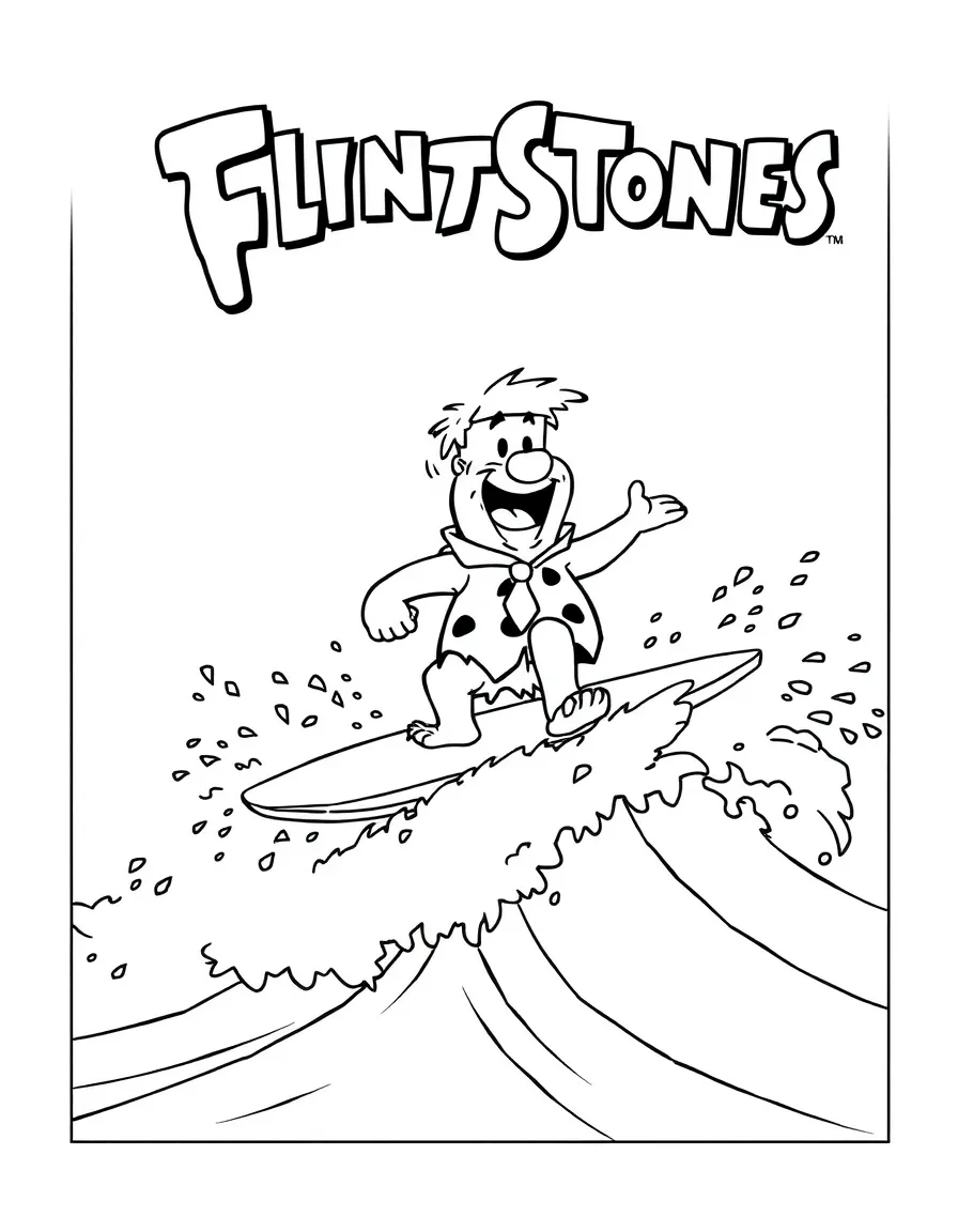 The Flintstones surfing on waves, inside a comic book frame.