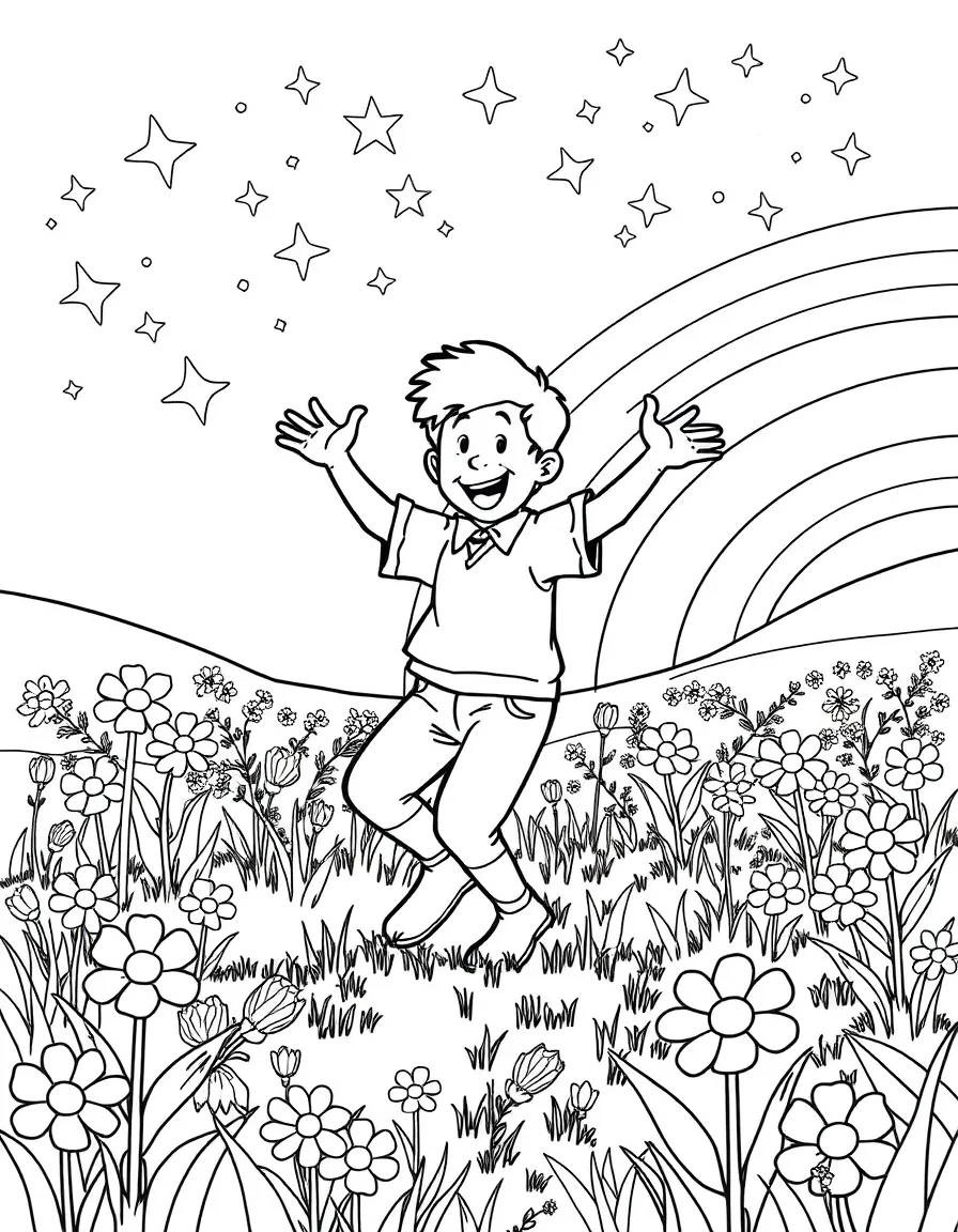 Fred dancing in a field of flowers, with stars and rainbows in the background.