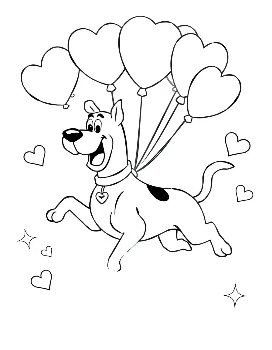 Scooby-Doo flying with balloons, with hearts and sparkles around.