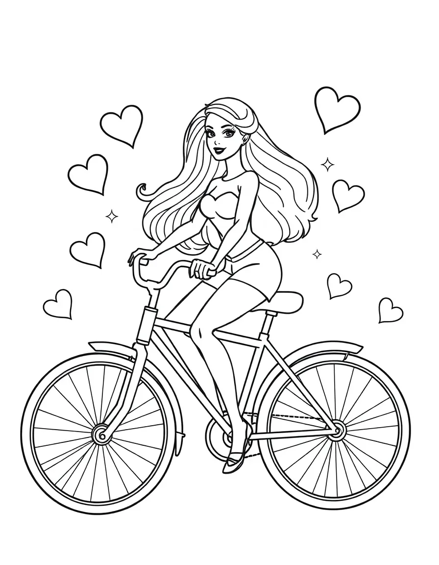 Barbie riding a bicycle, with hearts and sparkles around.
