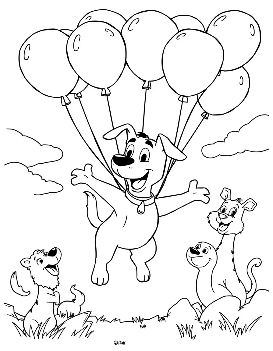 Courage the Cowardly Dog flying with balloons, surrounded by friendly animals.