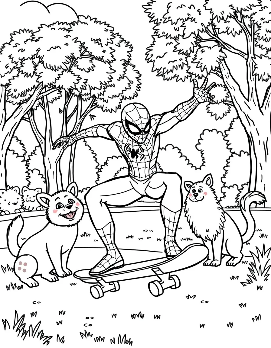 Spider-Man skateboarding in the park, surrounded by friendly animals.