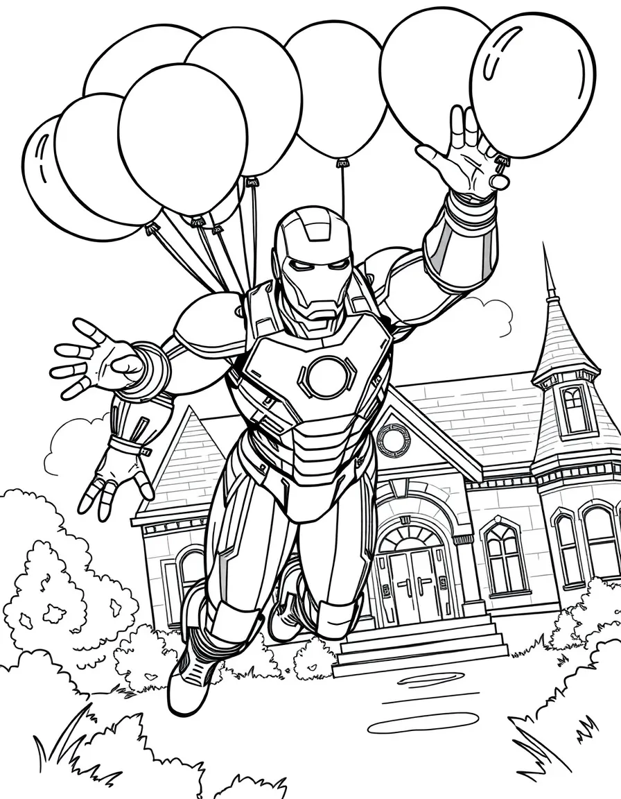 Iron Man flying with balloons, in front of their famous house or scene.