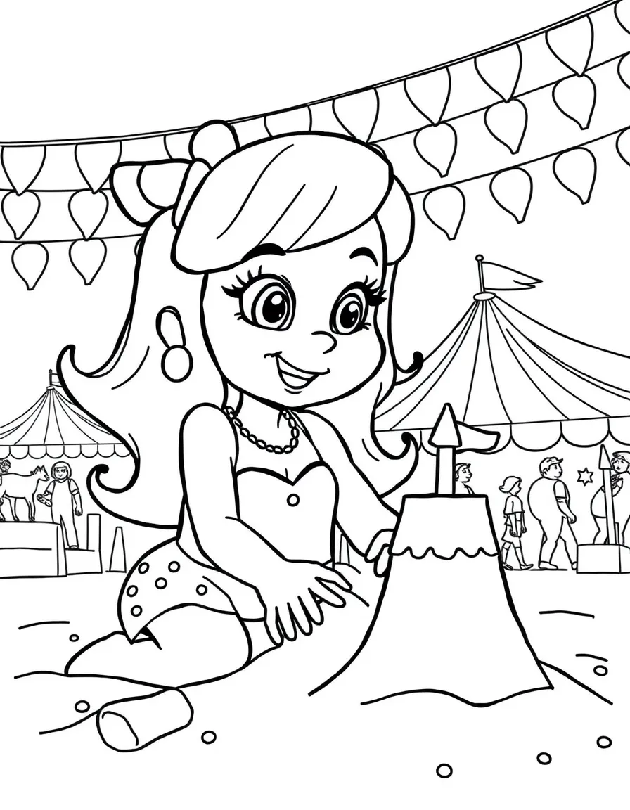 Velma building a sandcastle, at a carnival with colorful decorations.