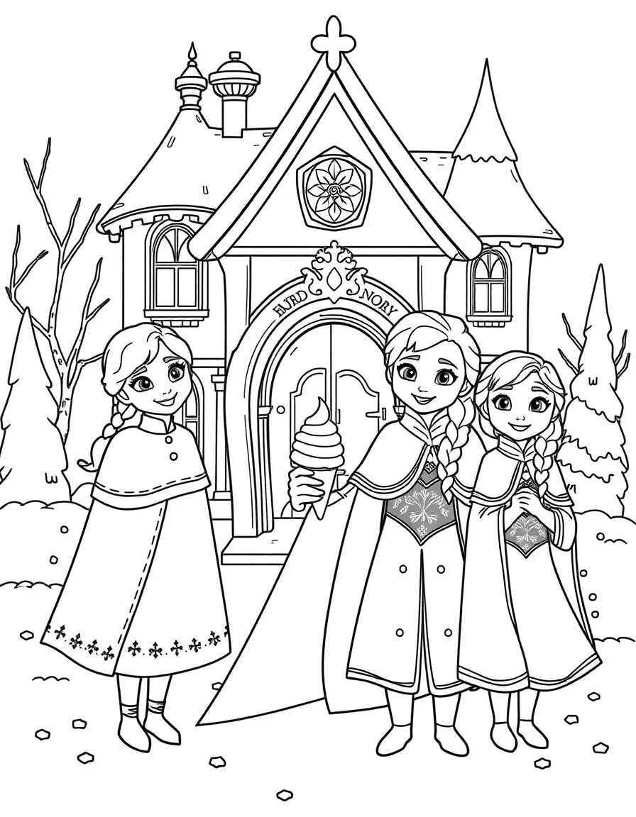 Frozen Characters enjoying an ice cream cone, in front of their famous house or scene.