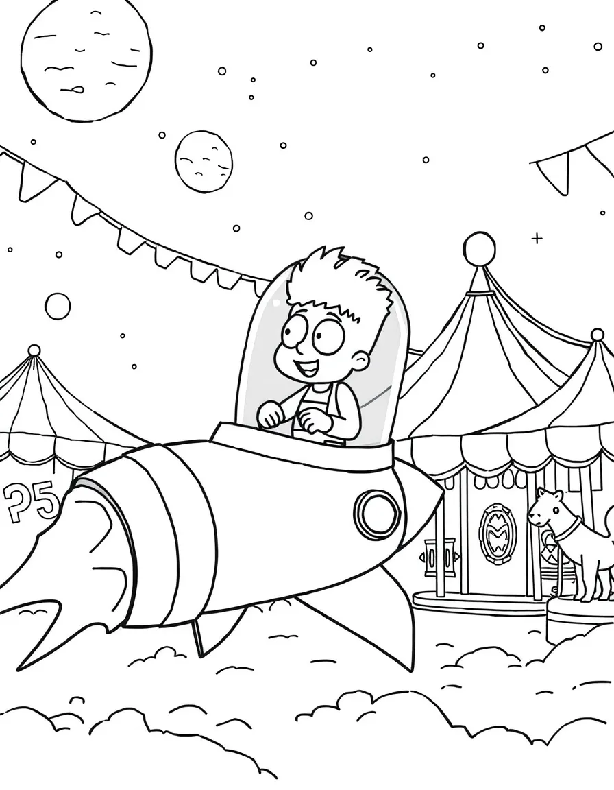 Regular Show exploring space in a rocket, at a carnival with colorful decorations.