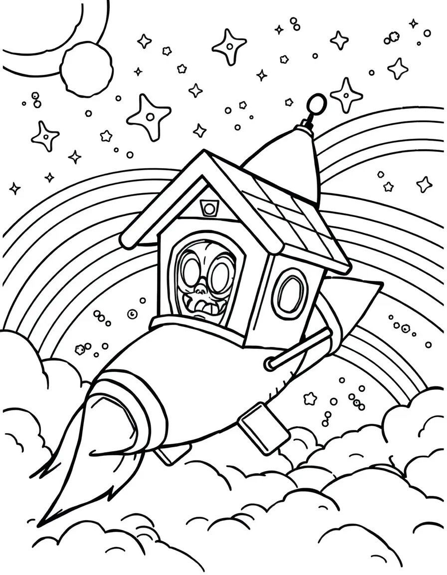 The Loud House exploring space in a rocket, with stars and rainbows in the background.