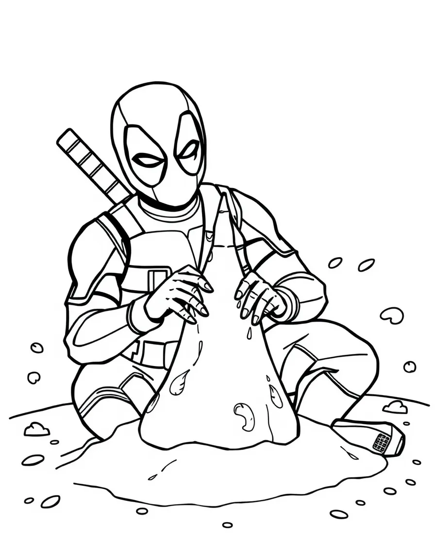 Deadpool building a sandcastle, with playful patterns around.