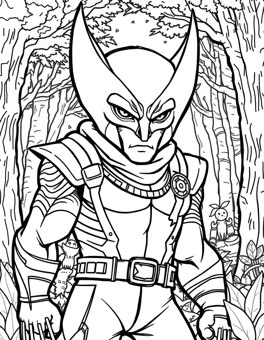 Wolverine wearing a superhero costume, in a magical forest setting.