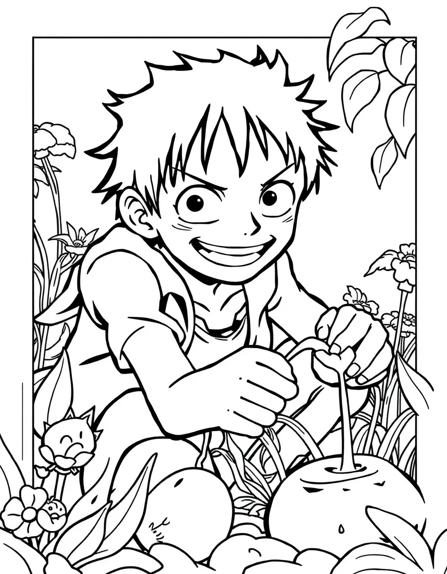 Luffy gardening, inside a comic book frame.