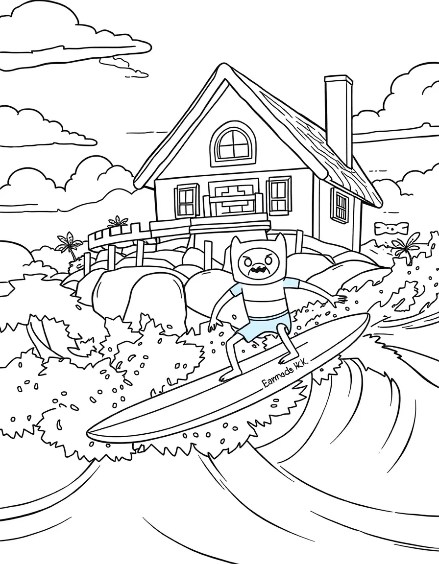 Finn and Jake surfing on waves, in front of their famous house or scene.