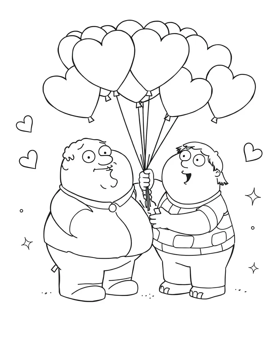 Family Guy playing with balloons, with hearts and sparkles around.