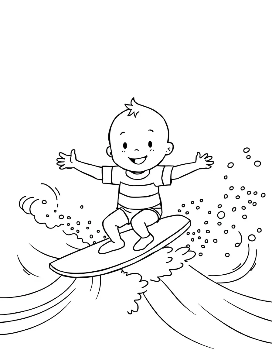 Caillou surfing on waves, with fun background elements.