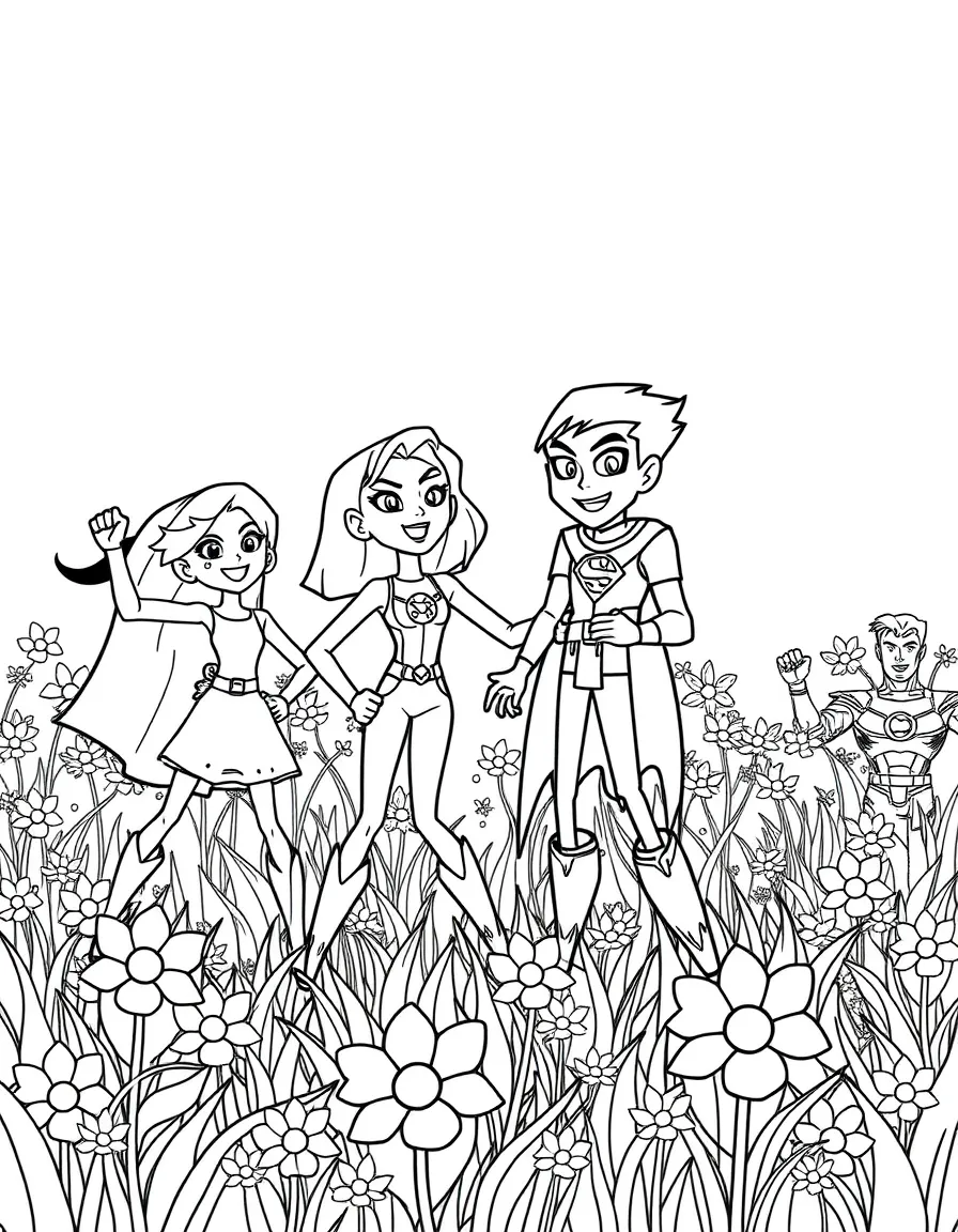 Teen Titans dancing in a field of flowers, with big bold outlines for easy coloring.
