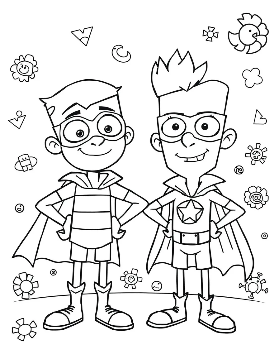 Phineas and Ferb wearing a superhero costume, with playful patterns around.