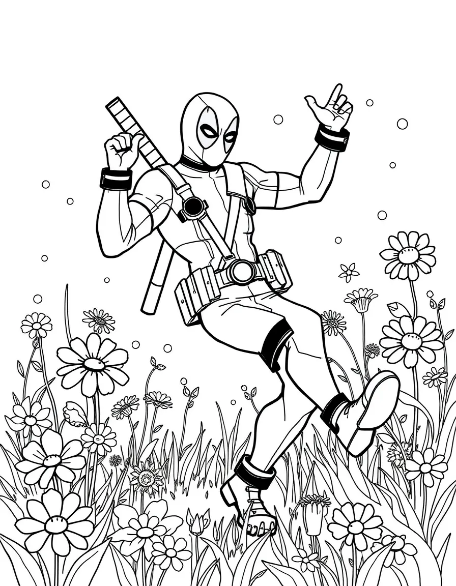 Deadpool dancing in a field of flowers, with playful patterns around.