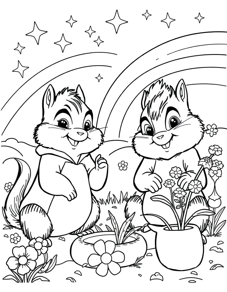 Alvin and the Chipmunks gardening, with stars and rainbows in the background.