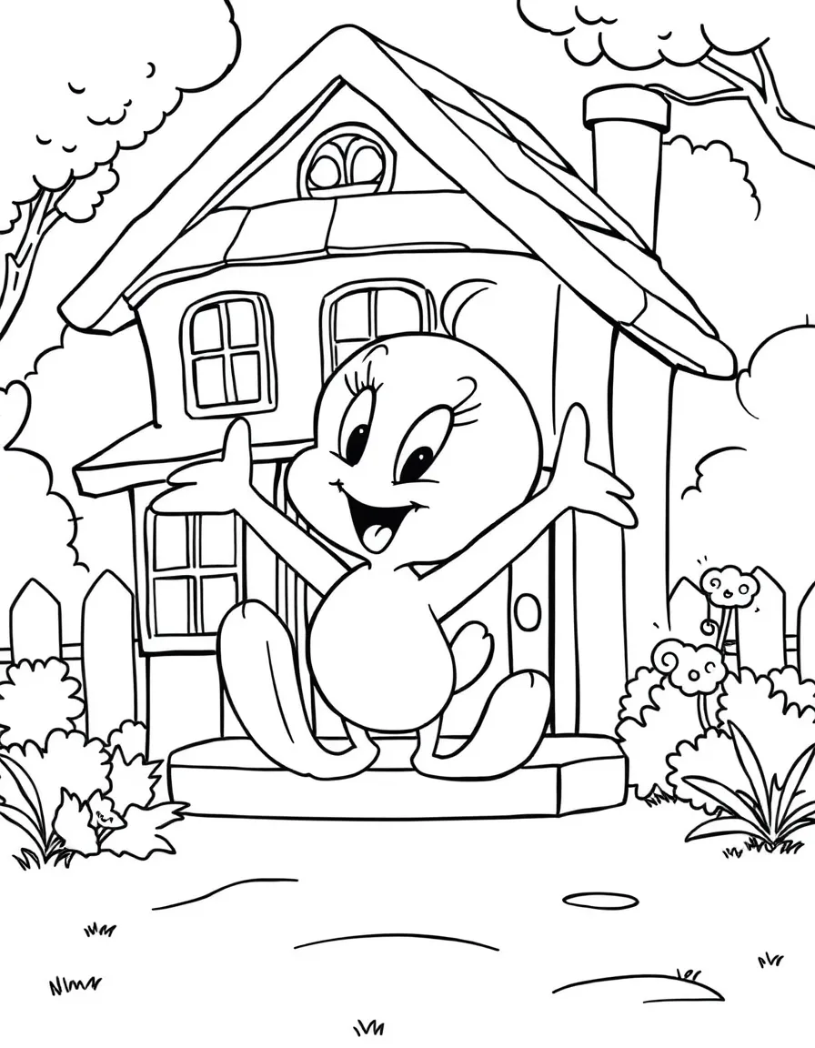 Tweety Bird jumping with joy, in front of their famous house or scene.