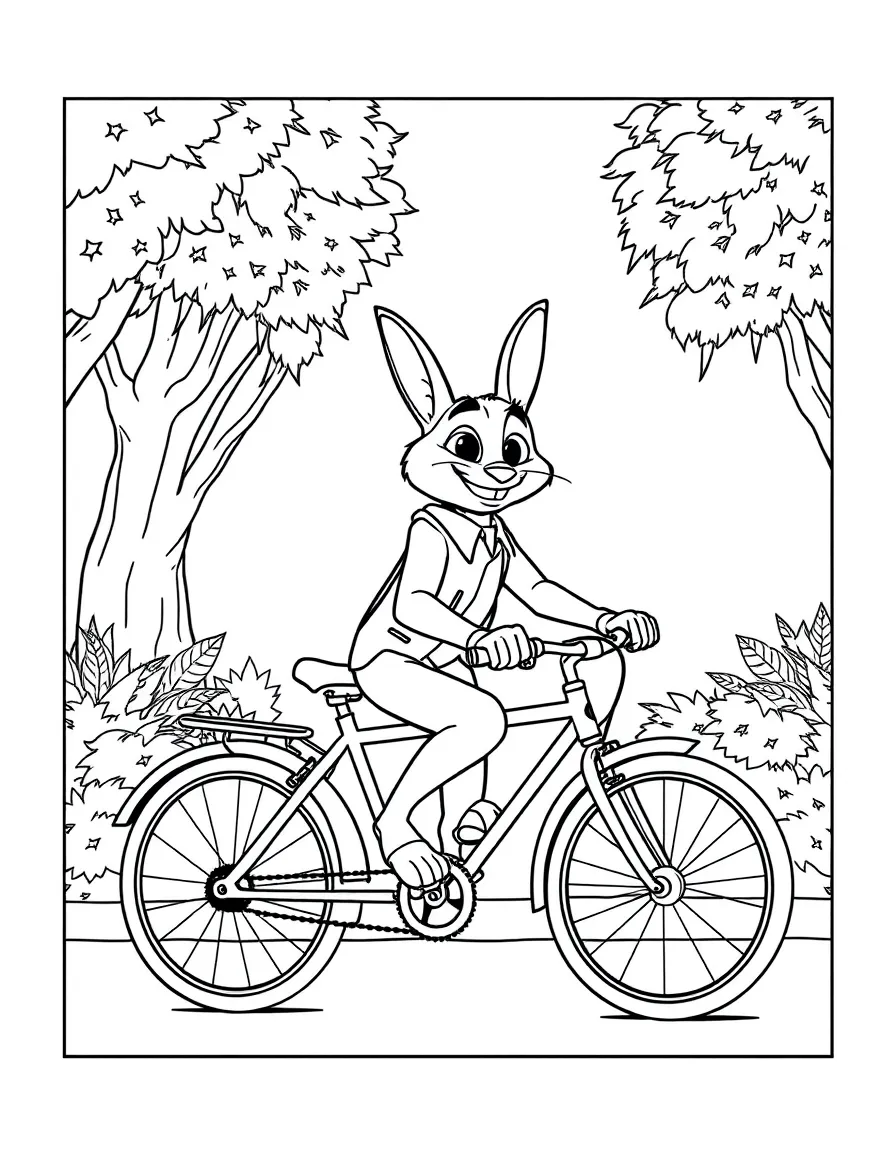 Zootopia riding a bicycle, inside a comic book frame.