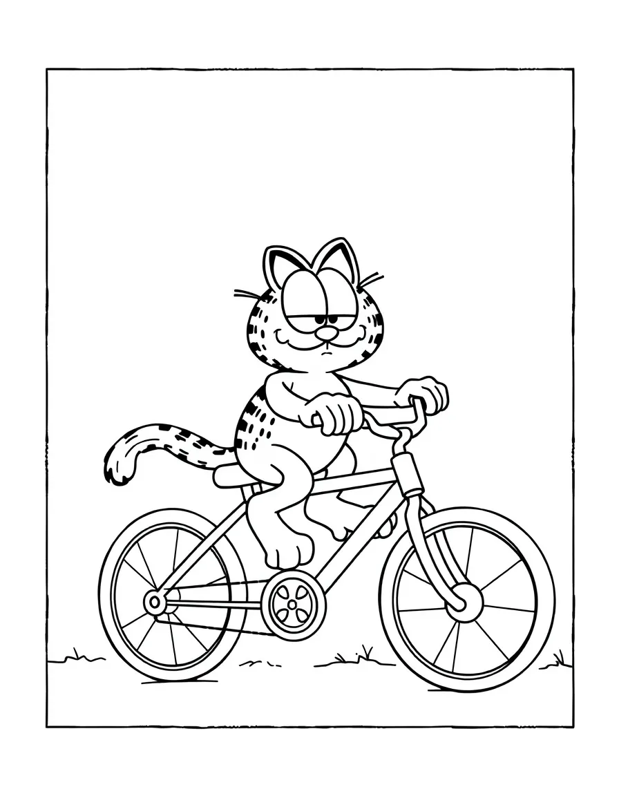 Garfield riding a bicycle, inside a comic book frame.