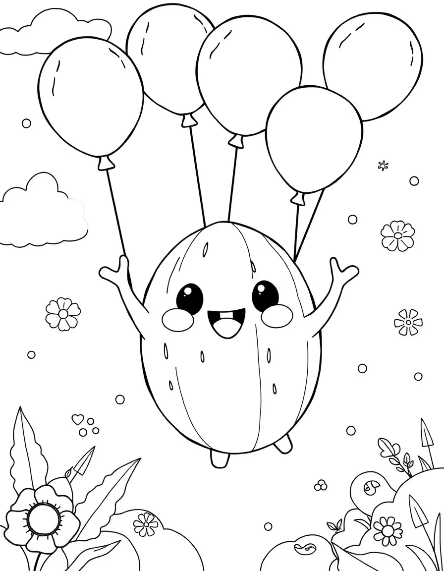 Cocomelon flying with balloons, with fun background elements.