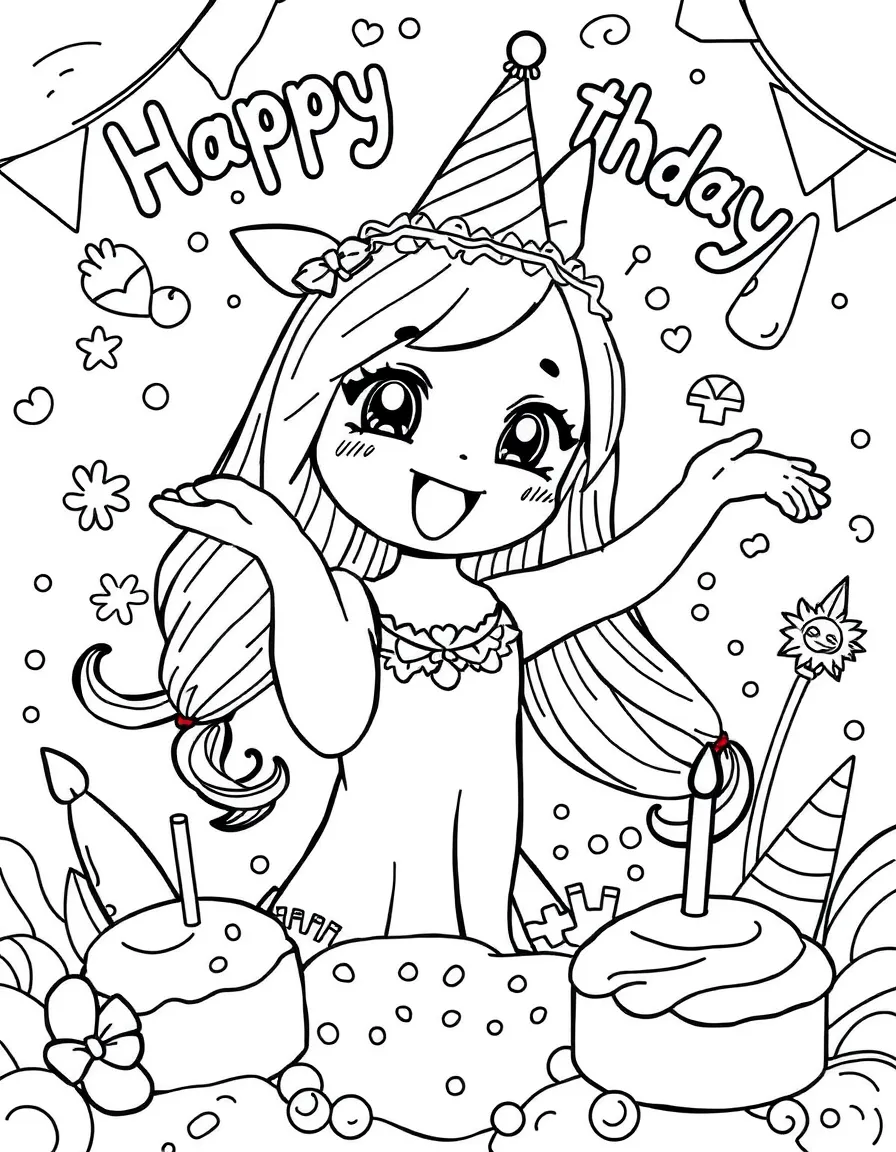 Nami celebrating a birthday, with fun background elements.