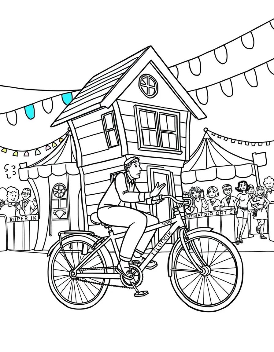 The Loud House riding a bicycle, at a carnival with colorful decorations.