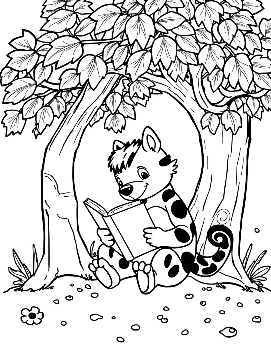 Zoro reading a book under a tree, with playful patterns around.