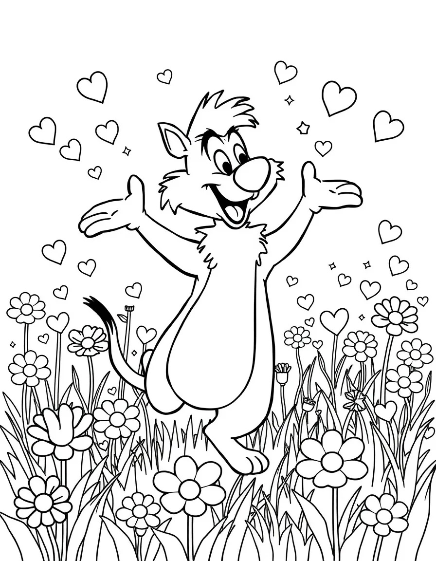 Sylvester dancing in a field of flowers, with hearts and sparkles around.