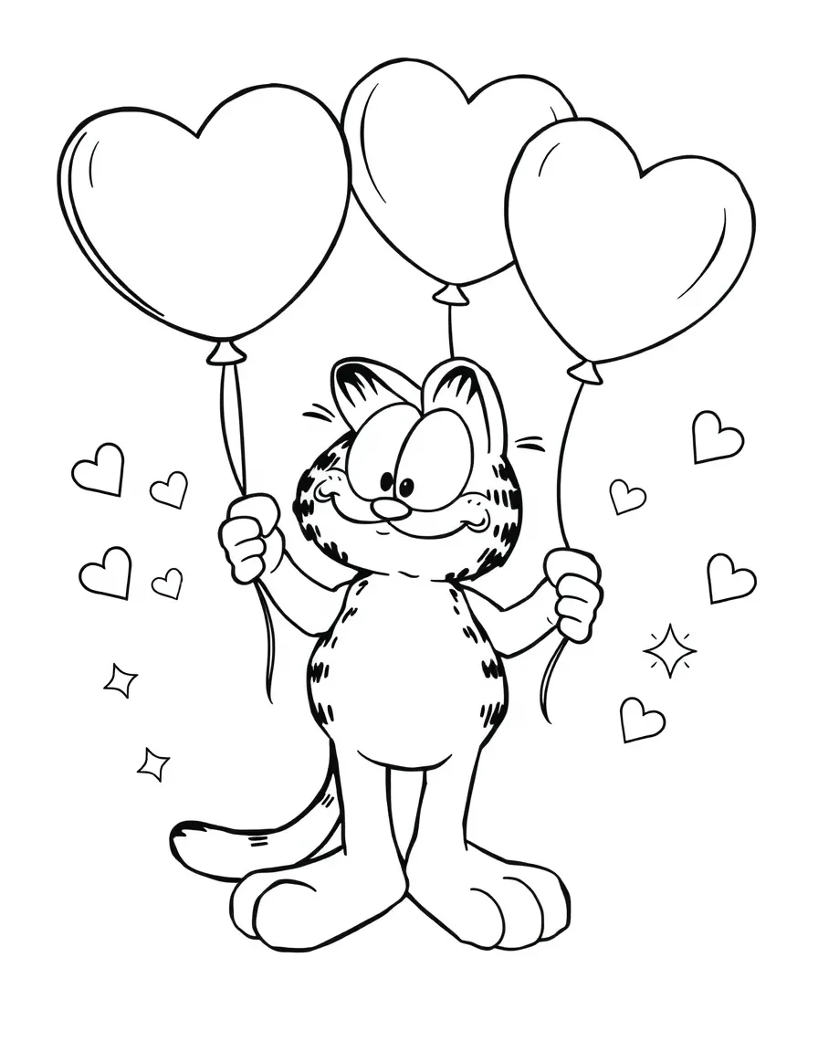 Garfield playing with balloons, with hearts and sparkles around.