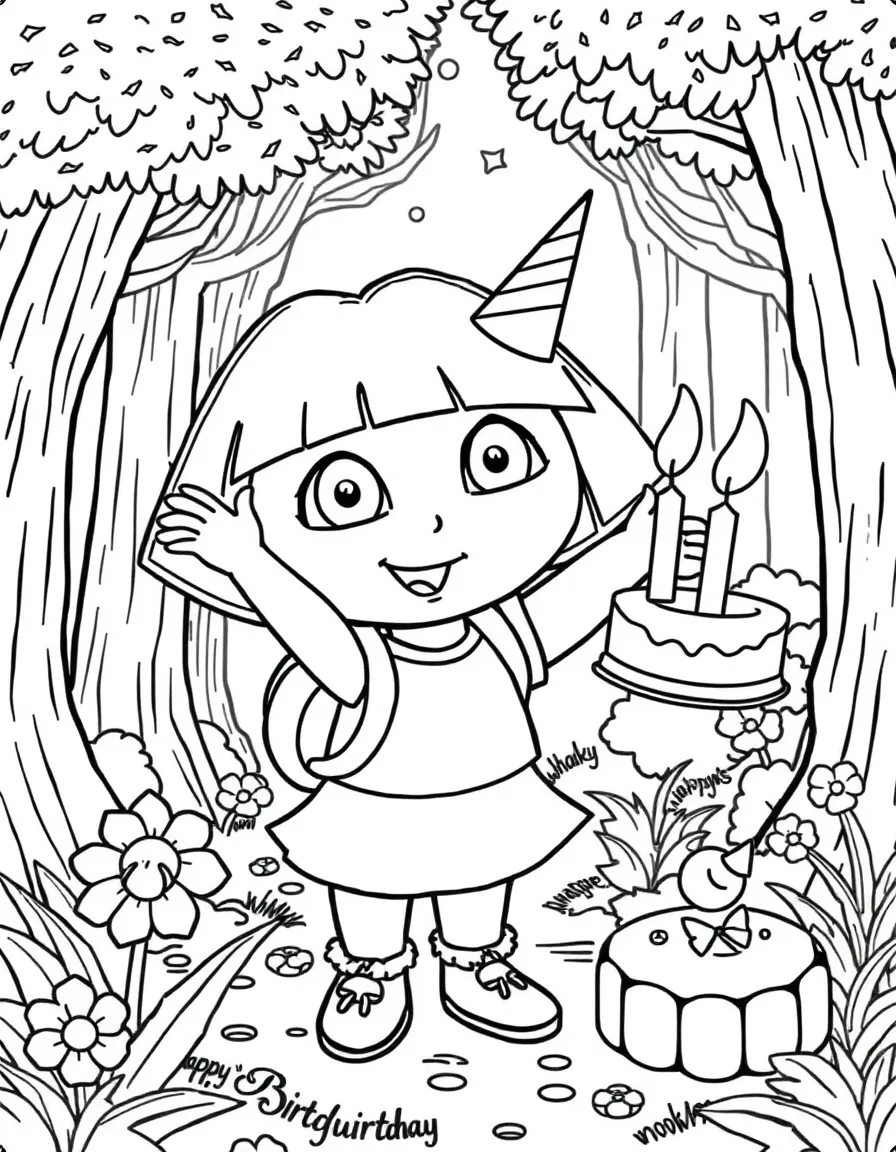 Dora the Explorer celebrating a birthday, in a magical forest setting.