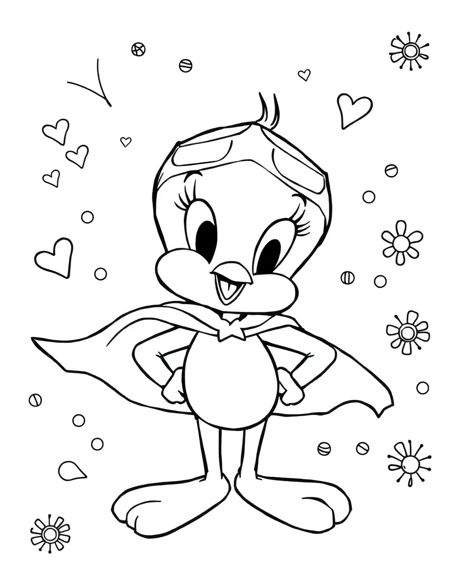 Tweety Bird wearing a superhero costume, with playful patterns around.