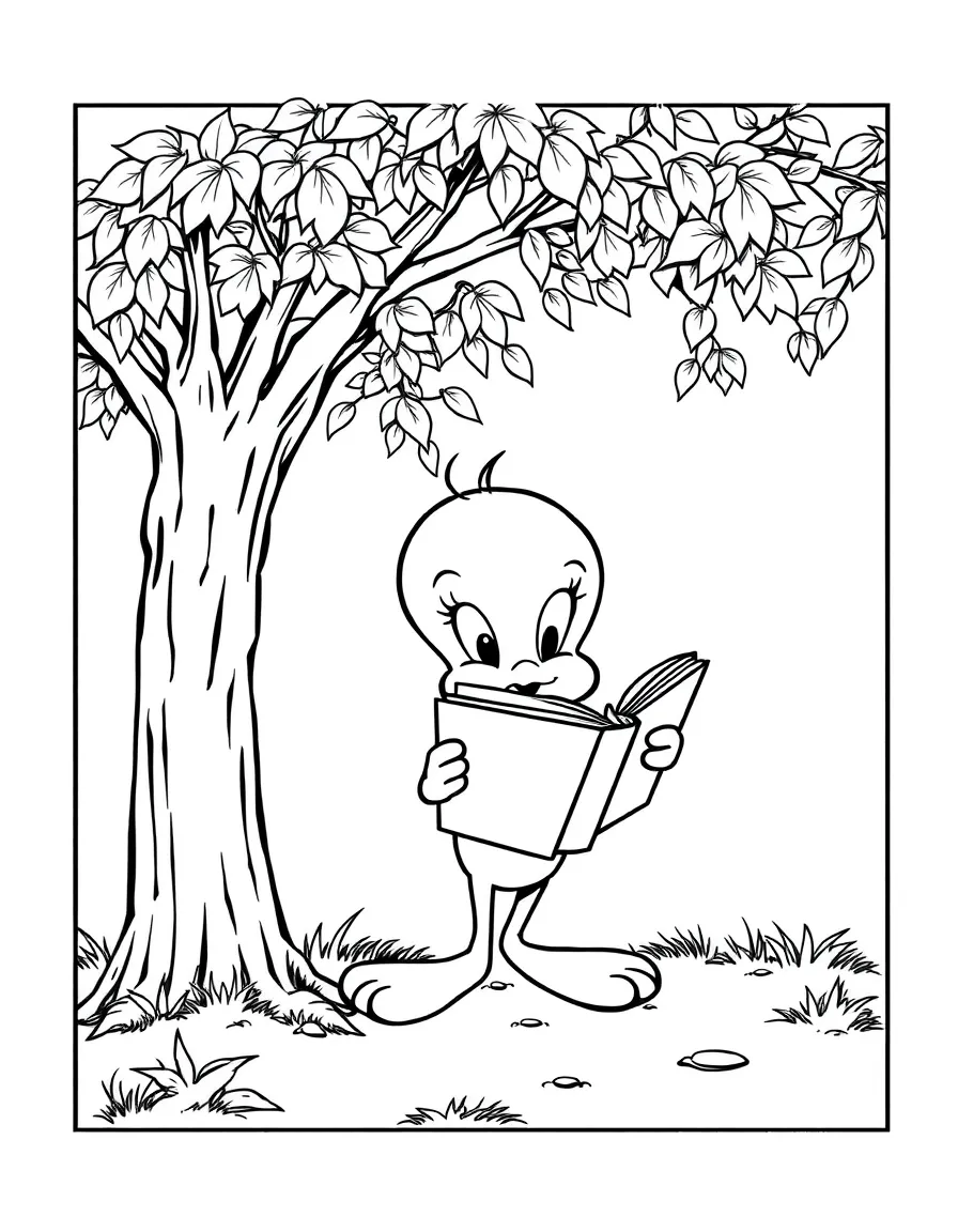Tweety Bird reading a book under a tree, inside a comic book frame.