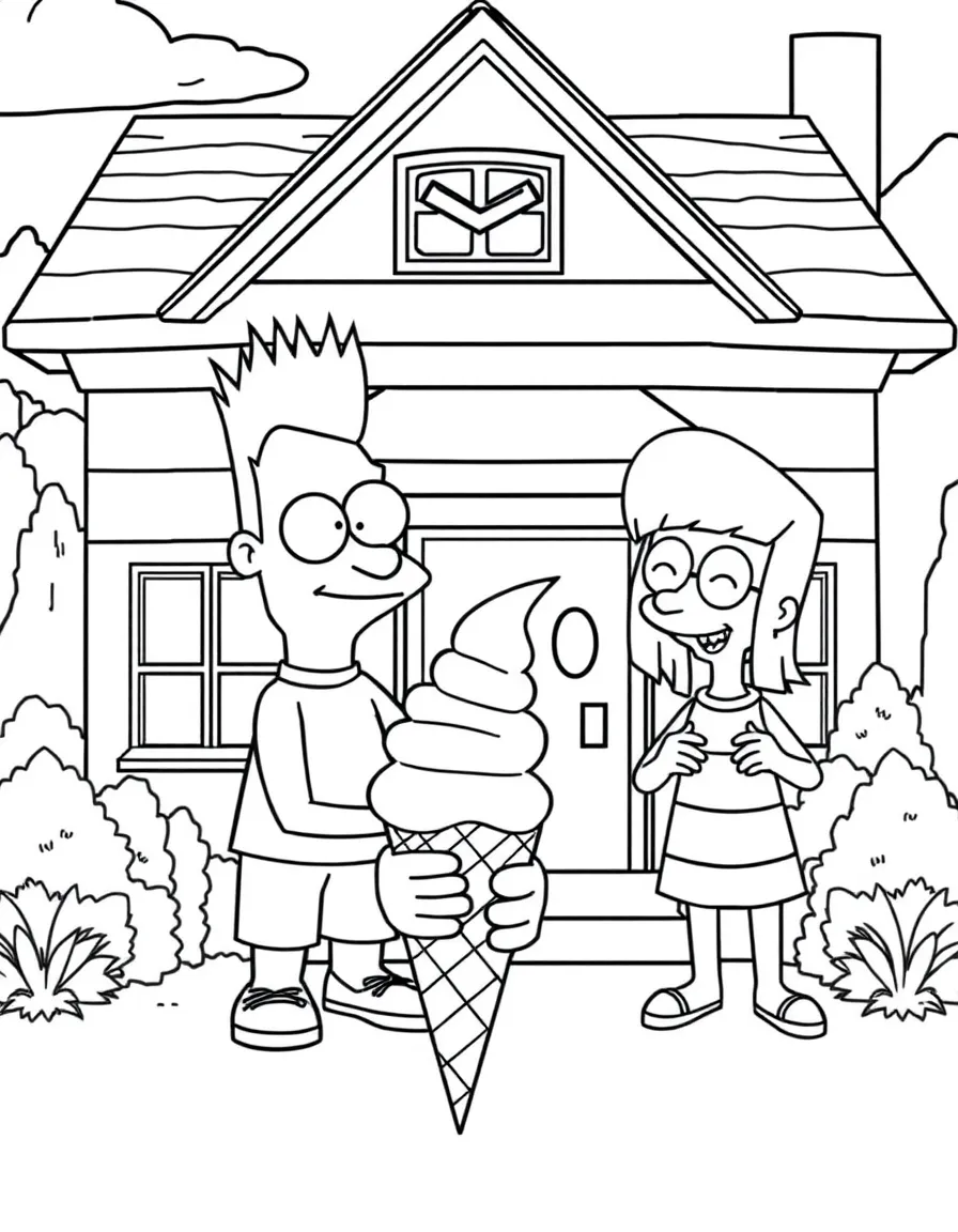 Regular Show enjoying an ice cream cone, in front of their famous house or scene.
