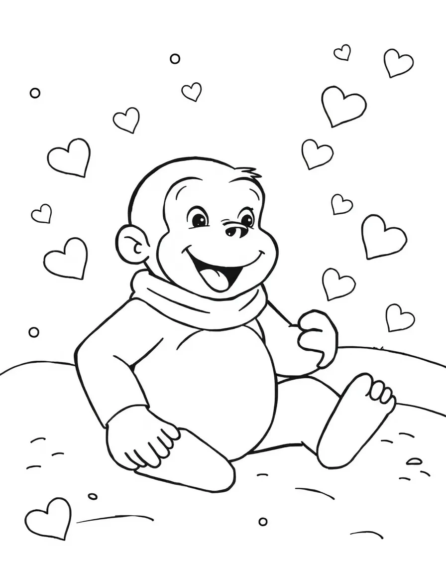 Curious George playing in the snow, with hearts and sparkles around.