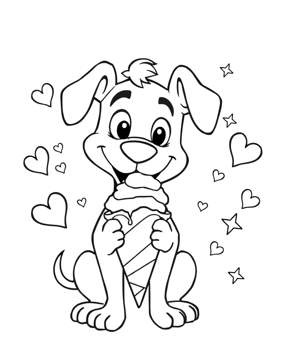 Courage the Cowardly Dog enjoying an ice cream cone, with hearts and sparkles around.