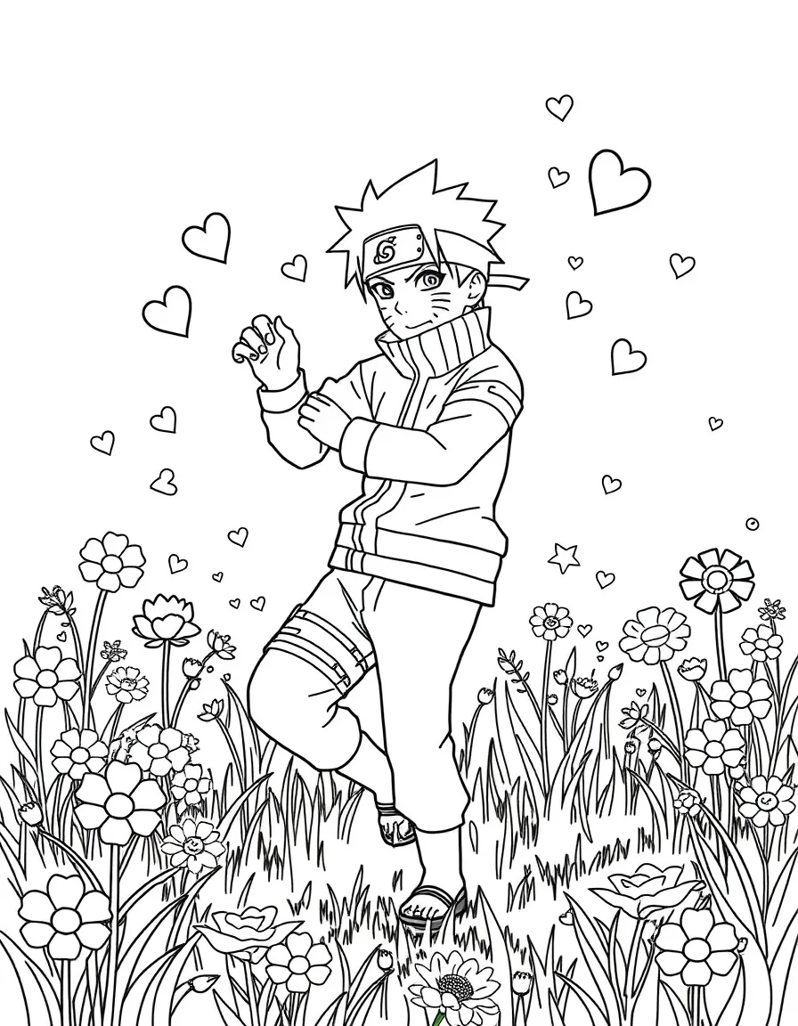 Naruto dancing in a field of flowers, with hearts and sparkles around.