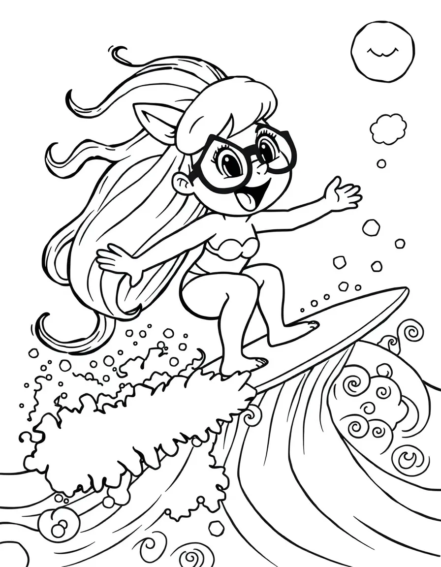 Velma surfing on waves, with playful patterns around.