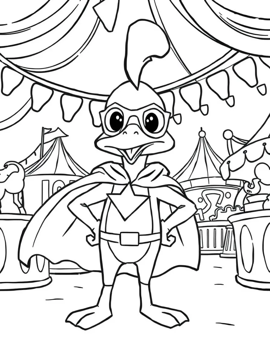 Perry the Platypus wearing a superhero costume, at a carnival with colorful decorations.