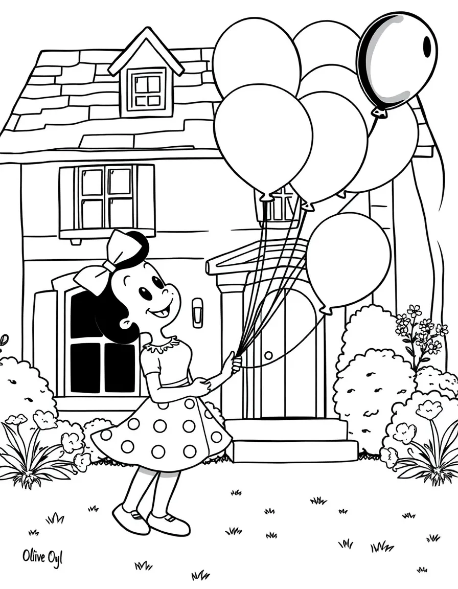 Olive Oyl playing with balloons, in front of their famous house or scene.