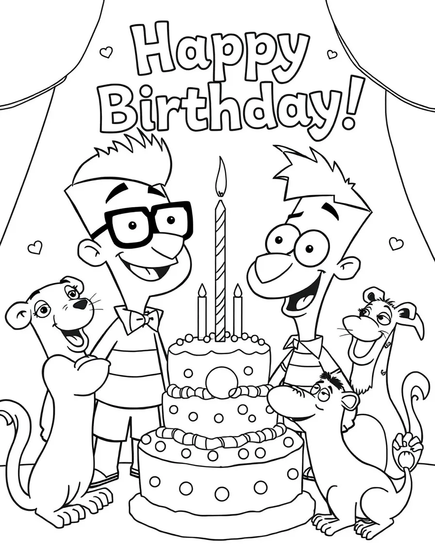 Phineas and Ferb celebrating a birthday, surrounded by friendly animals.
