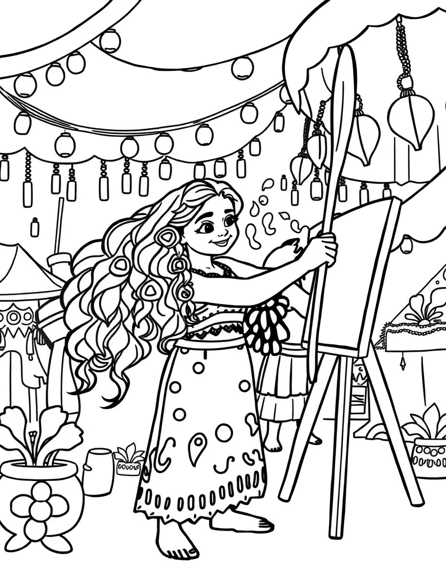 Moana painting a picture, at a carnival with colorful decorations.