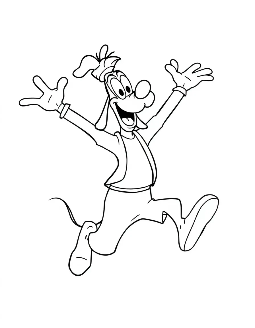 Goofy jumping with joy, with big bold outlines for easy coloring.